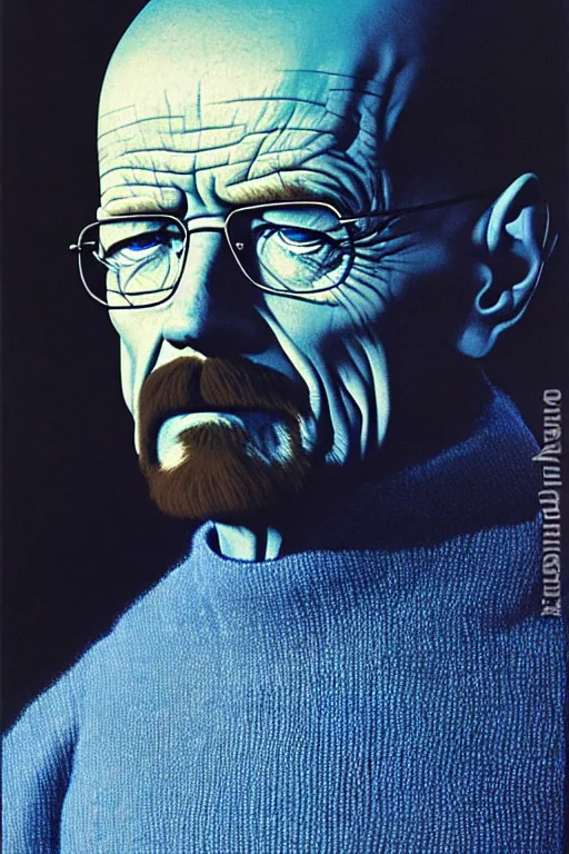 Image similar to portrait of a walter white as sapphire herald in an elegant winter sweater, by zdzislaw beksinski, by dariusz zawadzki, artbook, tone mapped, deep blues, shiny, soft lighting
