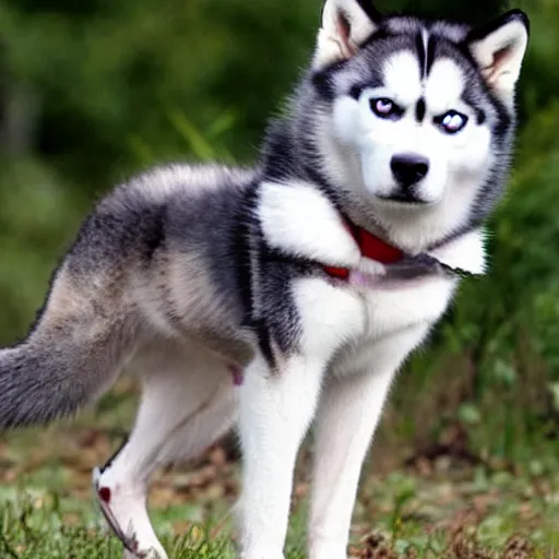 Prompt: a dangerous husky with red eyes