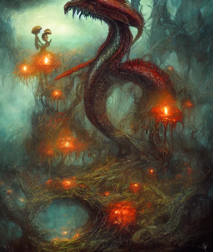 Image similar to Mushroom Dragon, fantasy artwork, godrays, warm colors, by seb mckinnon