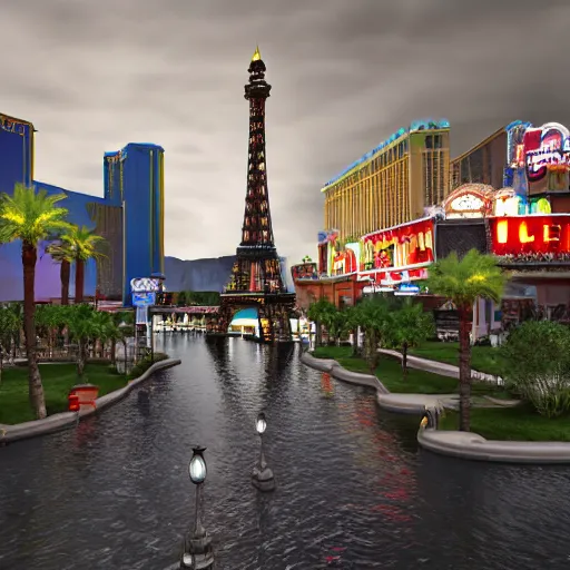 Image similar to las vegas strip being flooded end of the world 3 d studiomax, maya 3 d, unrealengine, 4 k, 8 k, hdr, extreme render, mind - bending reality, hyper detailed, wide angle ultra - vivid, photo - realistic nikon 3 5 mm, photograph