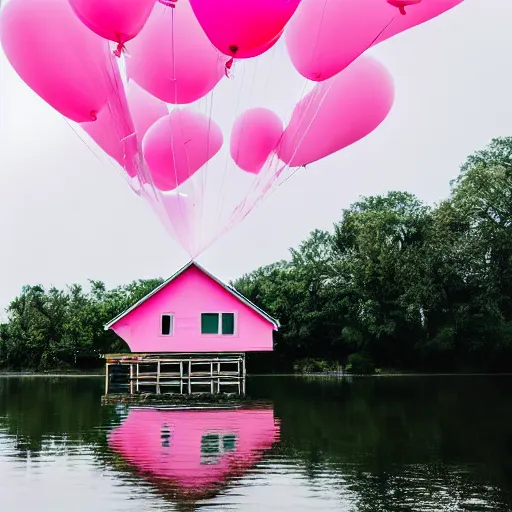 Image similar to a 5 0 mm lens photograph of a cute pink floating modern house, floating in the air between clouds, inspired by the movie up, held up from above by heart ballons. mist, playful composition canon, nikon, award winning, photo of the year