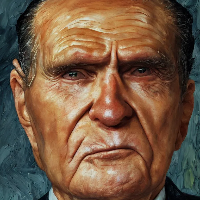 Image similar to close up studio portrait of aging old Richard Milhous Nixon age 115 wrinkled angry, shiny impasto oil painting by Lucian Freud and Tim Hawkinson and Cy Twombly, trending on artstation Studio lighting Expressionism