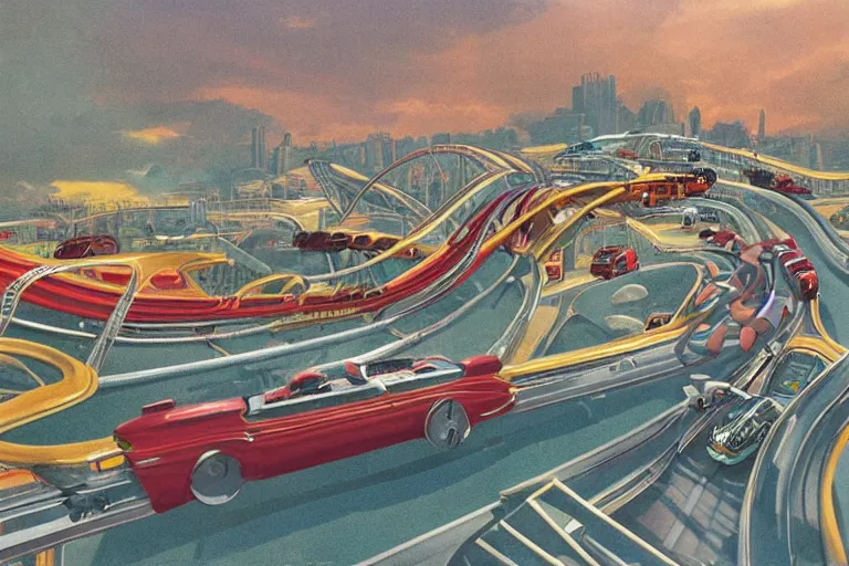 Prompt: a fantastical world of cars driving on rollercoaster highways as imagined by walter wick