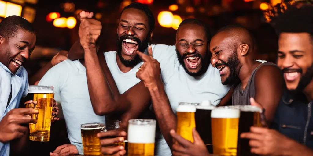 Prompt: a photo of black men in a bar laughing at jokes and drinking beer anxiously, 4k, realism, award winning photography