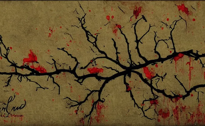 Prompt: a black branch with blood that kept dripping,