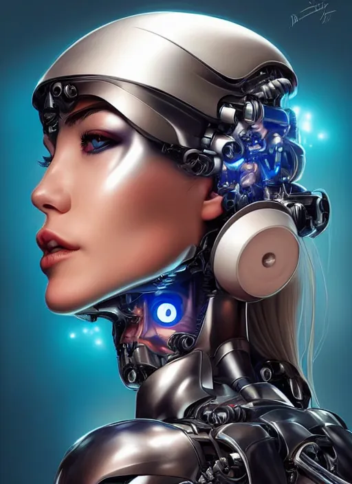 Image similar to portrait of a cyborg woman who turns her head to the ((((((right))))) left+2 (((((up))))) (((((down))))) by Artgerm,eyes closed , biomechanical, hyper detailled, trending on artstation