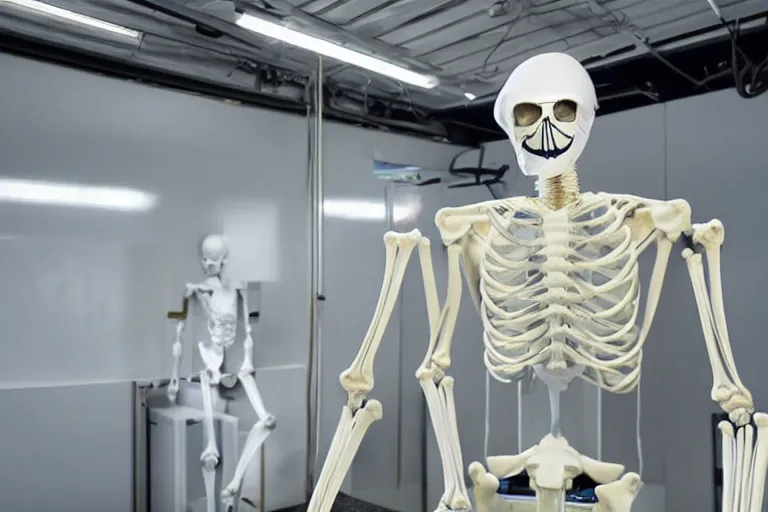 Prompt: man wearing hazmat suit in cleanroom 3D printing a large humanoid robot plastic skeleton. by Roger Deakins