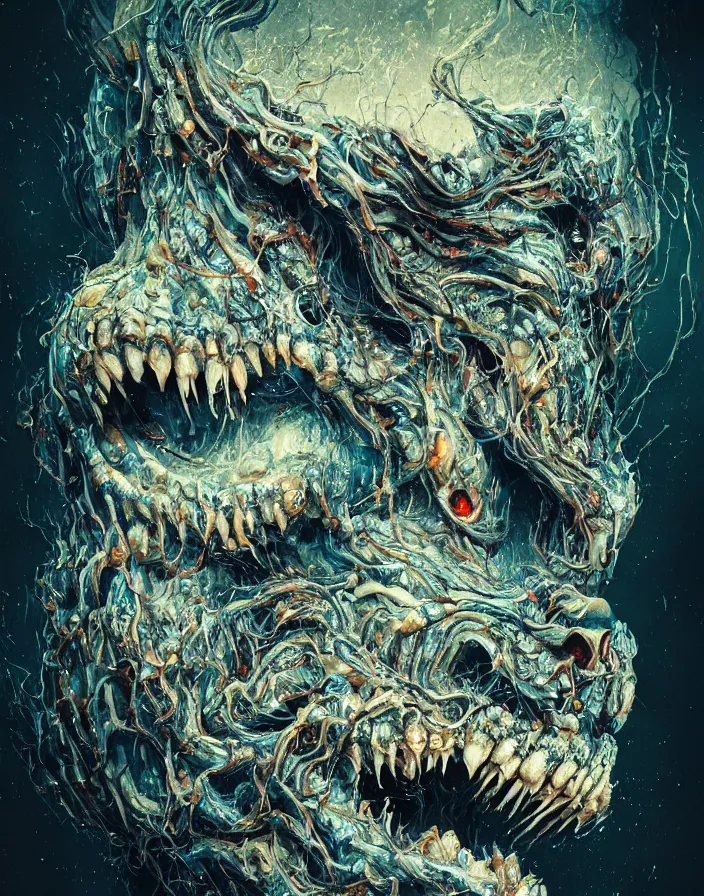 Prompt: portrait of a horrific monster. thousands of teeth. burning water distortions. intricate abstract. intricate artwork. by Tooth Wu, wlop, beeple, dan mumford. octane render, trending on artstation, greg rutkowski very coherent symmetrical artwork. cinematic, hyper realism, high detail, octane render, 8k, depth of field, bokeh. iridescent accents