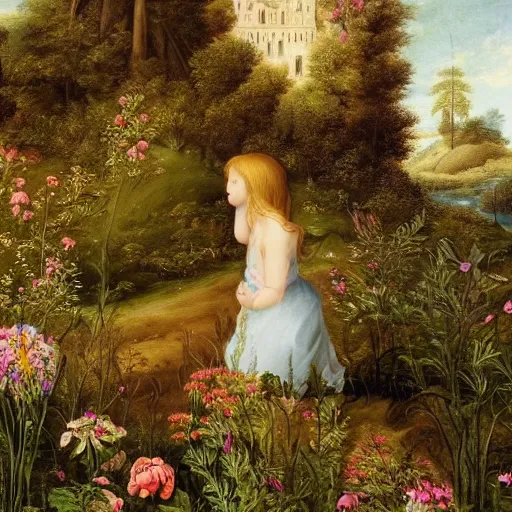 Image similar to a girl lost in a forest, castel in the background, flowers, dreamy renaissance