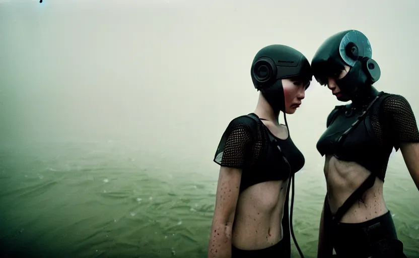 Image similar to cinestill 5 0 d candid photographic portrait by helen levitt of two loving female androids wearing rugged black mesh techwear in treacherous waters, extreme closeup, modern cyberpunk moody emotional cinematic, dust storm, 8 k, hd, high resolution, 3 5 mm, f / 3 2, ultra realistic faces, ex machina