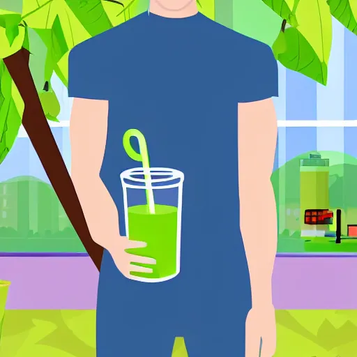 Image similar to male athlete with green smoothie in hand in the style of kurzgesagt
