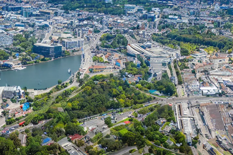 Image similar to bird's eye view photography of a small city. town hall, central farm, monorail station, beach and shipping dock. hills, woods and lake to the north.