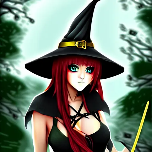 Image similar to fantasy rogue female, witch hat, forest, anime art