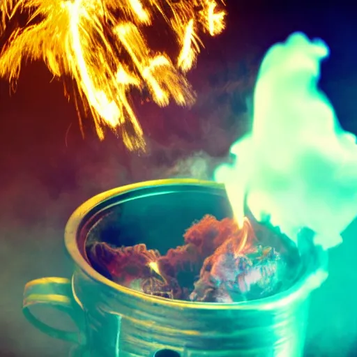 Prompt: smoke and sparks erupting from a magical neon potion brewing in a cauldron.