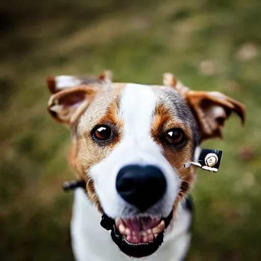 Prompt: a dog with human teeth looks directly into the camera, photography