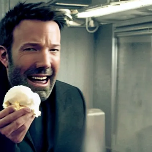 Prompt: A still of Ben Affleck's Batman smiling while eating an ice cream, 4k, ultra realistic, detailed, award winning