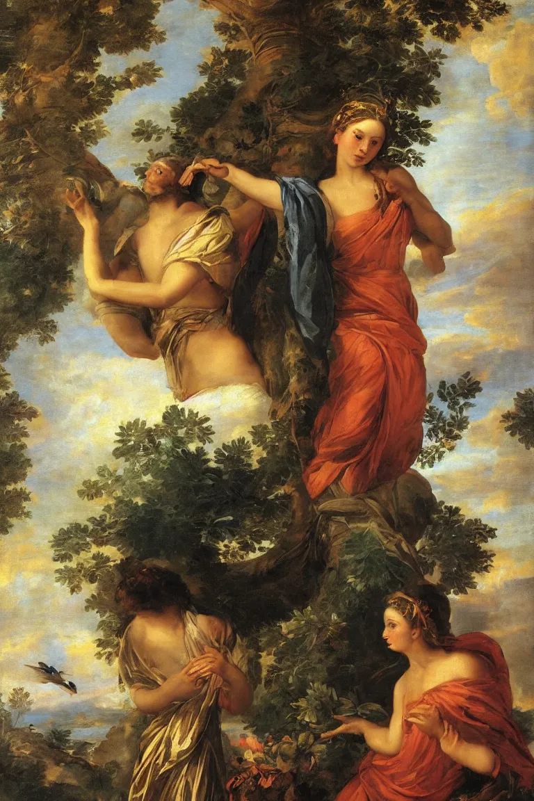Prompt: beautiful oil painting of a Greek goddess, toga, forest, symmetrical face, large eyes, magical, mythology, sunset, birds, by Titian and Alexander Roslin, masterpiece