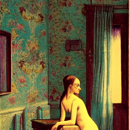 Image similar to a lonely girl in a liminal hotel room, baroque wallpaper, film still by kubrik, depicted by balthus, limited color palette, very intricate, art nouveau, highly detailed, lights by hopper, soft pastel colors, minimalist