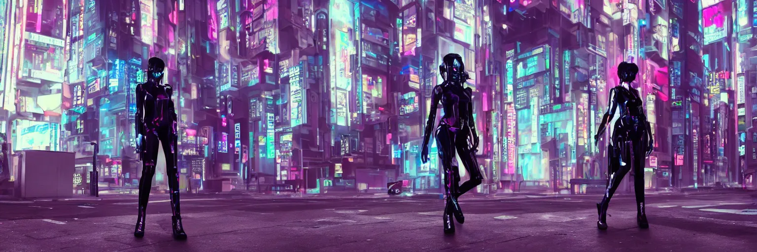 Image similar to a cyberpunk fashion girl wearing street urban futuristic cyberpunk clothing walking in a cyberpunk street inspired by ghost in the shell there are advertising holograms and neon signs in the street and a neon mecha robot with decals all over it, 3d scene, render, ultra realistic, ray tracing, night time, volumetric light, artstation, cgsociety, level design, unreal engine, 3d scene, zenith view