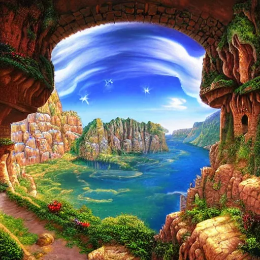 Prompt: view from a castle balcony, vast cliff side with psychedelic caves, by josip csoor, by vladimir kush, by laurie lipton, hyperrealistic, detailed, 8 k resolution, landscape, psychedelic, rendered in lumion, cosmic, electric