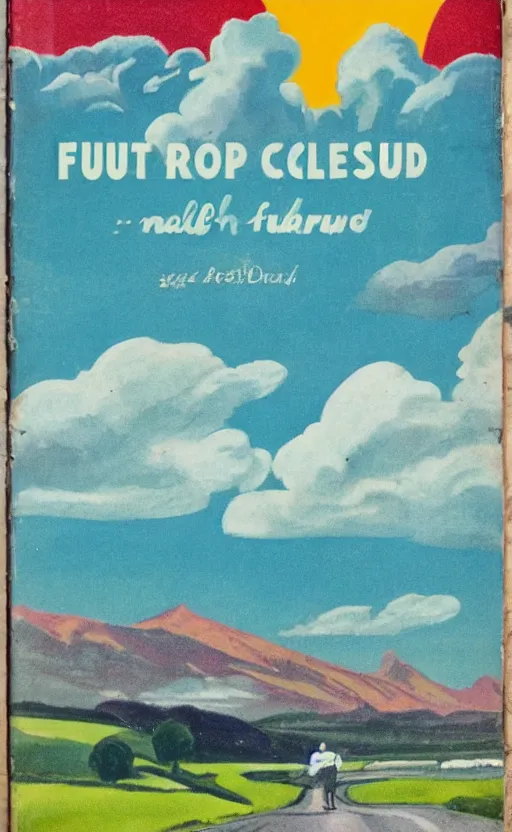 Image similar to paperback book cover. 1 9 5 0 s. pure colors, melting clouds, accurately drawn details, a sunburst above a receding road with the light reflected in furrows and ruts, after rain. and no girls.