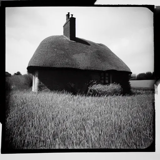 Prompt: Holga 120N, 35mm, English countryside, white cottage, thatched roof