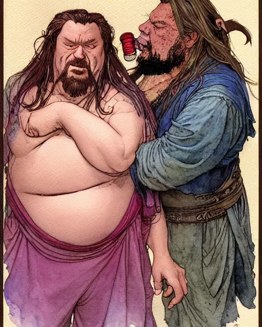 Image similar to a realistic and atmospheric watercolour fantasy character concept art portrait of a fat dirty qui - gon jinn drinking out of a bottle with pink eyes wearing a wife beater. by rebecca guay, michael kaluta, charles vess and jean moebius giraud