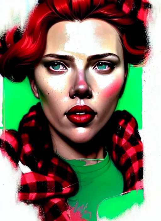 Image similar to highly detailed portrait of scarlett johanson with scarlet lips pogging, tartan hoody, photographic realistic background, ringlet hair by atey ghailan, by greg rutkowski, by greg tocchini, by james gilleard, by joe fenton, by kaethe butcher, gradient red, black, neon green cream and white color scheme, trending in pinterest, award winning details