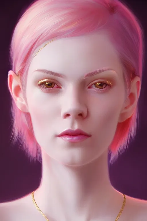 Prompt: Portrait of a beautiful pale skin Nordic female with short pink hair, elegant, photorealistic, highly detailed, artstation, smooth, sharp focus, gold ornaments, neon lighting, sci-fi, art by Klimt.