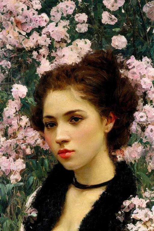 Image similar to close - up fashion black woman portrait airy flowers clouds art by vasnetsov