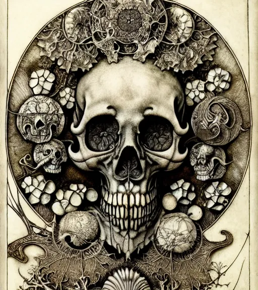 Image similar to memento mori by arthur rackham, art forms of nature by ernst haeckel, exquisitely detailed, art nouveau, gothic, ornately carved beautiful skull dominant, intricately carved antique bone, art nouveau botanicals, ornamental bone carvings, art forms of nature by ernst haeckel, horizontal symmetry, arthur rackham, ernst haeckel