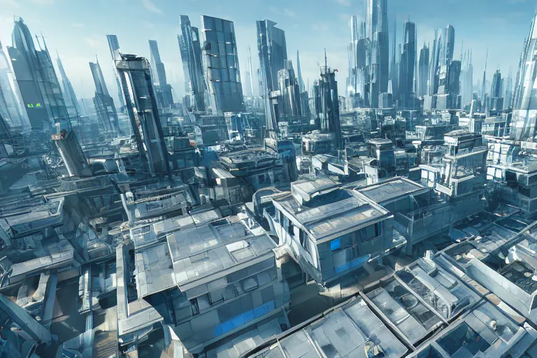 Image similar to rooftop view of a futuristic city highly detailed, photorealistic portrait, bright studio setting, studio lighting, crisp quality and light reflections, unreal engine 5 quality render