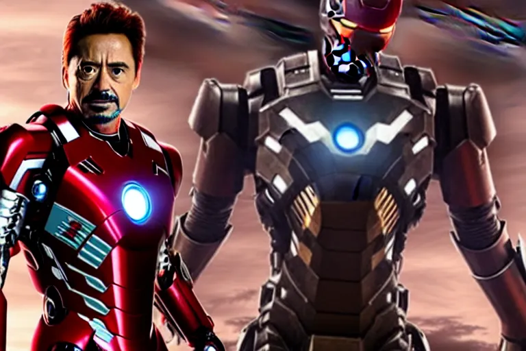 Image similar to film still of zombie Tony Stark in Ironman armor with no headpiece in new avengers movie, 4k