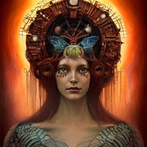 Prompt: realistic illustration of a beautiful rusted mechanical faerie queen with glowing eyes, moth wings with geometric patterns, reflective detailed textures, highly detailed dark fantasy science fiction painting by tom bagshaw and diego rivera and jean delville, silver and cool colors, artstation