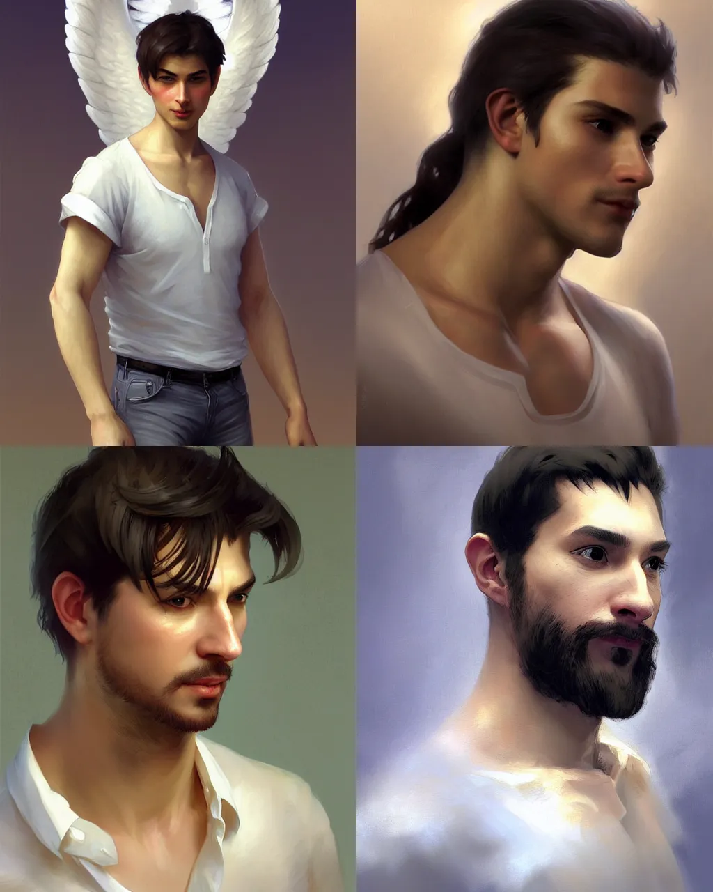 Prompt: character concept portrait of a handsome male angel, Middle-Western ethnicity. Clean-shaven, hair in a ponytail. Shirt, jeans and barefoot. Distant full-body view. Digital painting, concept art, smooth, sharp focus, illustration, by Ruan Jia and Mandy Jurgens and Artgerm and William-Adolphe Bouguereau