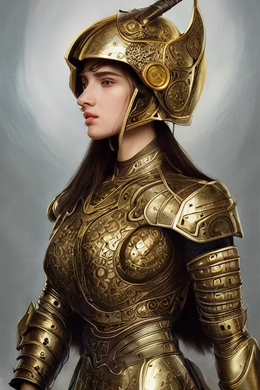 Image similar to a portrait of an attractive young female, ornate metallic helmet, clothed in battle armor, olive skin, long dark hair, beautiful bone structure, symmetrical facial features, intricate, elegant, highly detailed, digital painting, trending on Artstation, concept art, smooth, sharp focus, illustration, art by artgerm and greg rutkowski and alphonse mucha