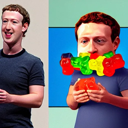 Prompt: Mark Zuckerberg angry eating gummy bears
