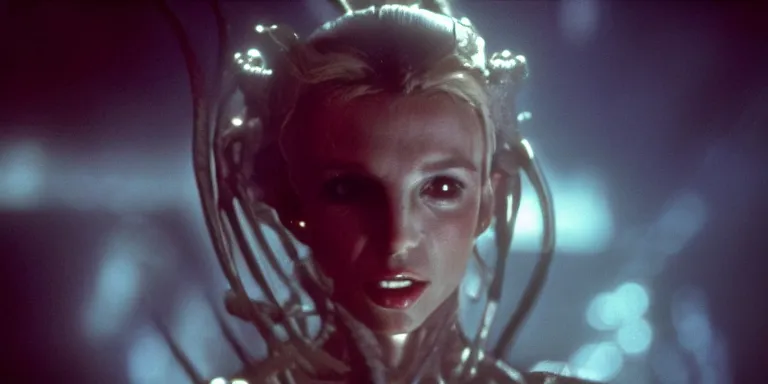 Image similar to film still of britney spears in Alien, xenomorph leaning upto her face, cinematic-shot, 4k