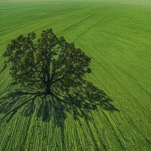 Prompt: A flat field with a massive tree in the middle. The trees massive shadows cast's over the entire field. Root's from the tree are large and thick. Other worldly, high saturation.