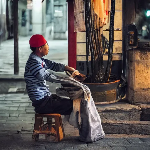 Prompt: Chinese peasant in Shanghai at night