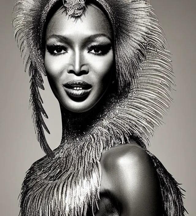 Image similar to photography face profil portrait of naomi campbell, natural pose, natural lighing, rim lighting, no flash, wearing a ornate transparent and metallic costume with feathers and cloth convolutions by iris van herpen, highly detailed, smooth, sharp foccus, kin grain detail, high detail, photography by by paolo roversi, creativity in fashion design