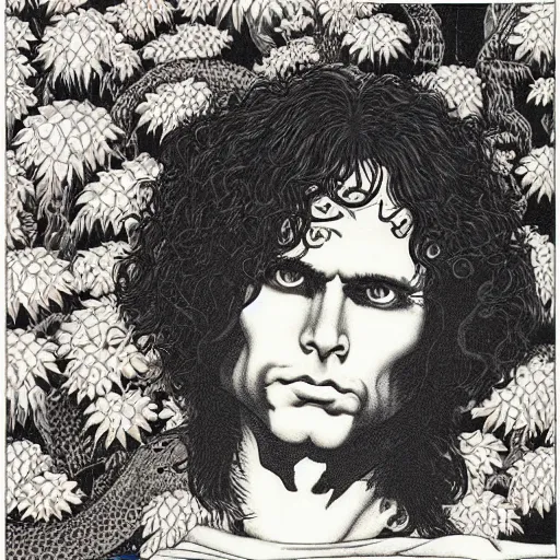 Prompt: symmetrical jim morrison as a lizard king, very detailed style of takato yamamoto lots of flowers lizards and snakes