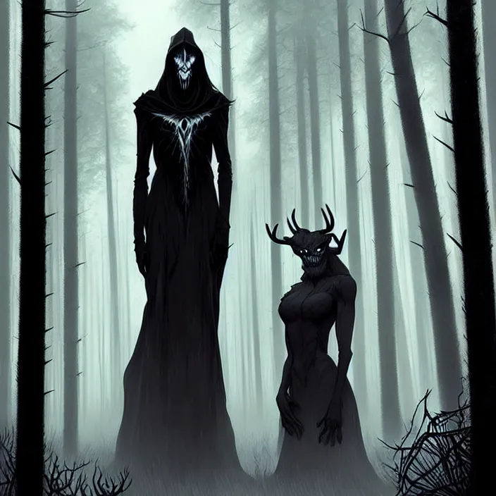 Image similar to style artgerm, joshua middleton, diego fazio, marc simonetti : : scary wendigo with antlers and skull face mixed with werewolf : : [ [ beautiful witch wearing a black dress, symmetrical face, on the right side ] ] : : in the forest, detailed, dark and foggy, cinematic lighting