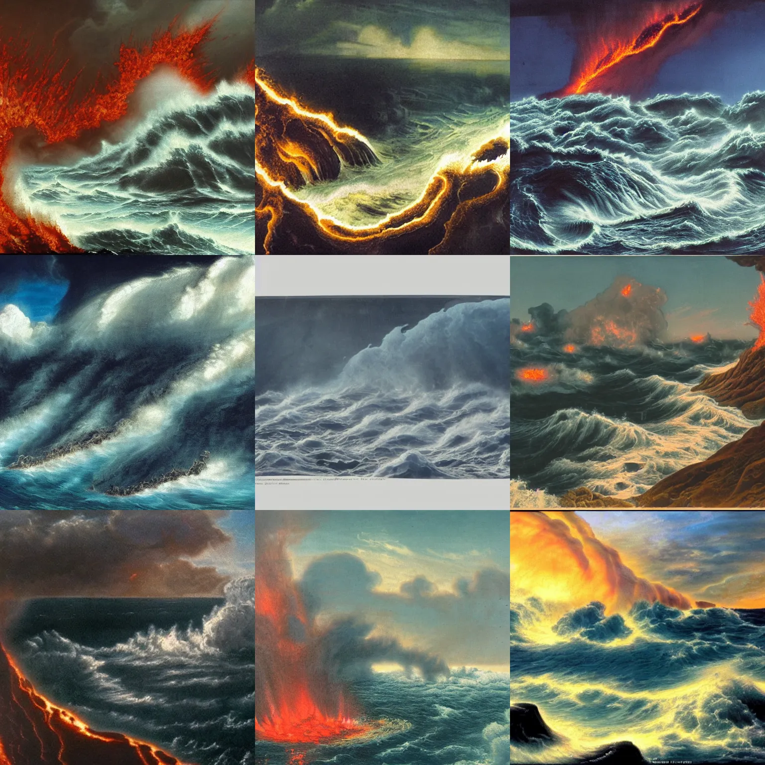 Prompt: a masterpiece matte painting of a turbulent ocean of cooled and solidified lava