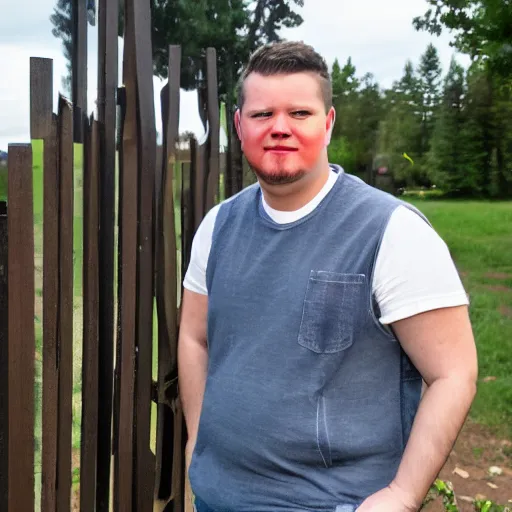 Image similar to Young man standing looking to the right in a red bandana, blue striped shirt, gray vest and a gun with a partly cloudy sky in the background. The young man is standing in front of an iron fence. Photograph. Real life