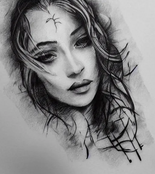 Image similar to tattoo design sketch of a beautiful woman face with a faded background of beautiful nature on her side, hyper - realistic, in the style of den yakovlev, amazing detail, black and white, faded, double exposure