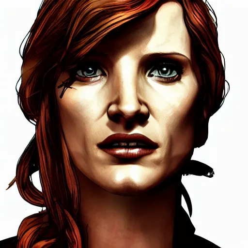 Image similar to jessica chastain portrait, borderlands, tales from the borderlands, the wolf among us, comic, cinematic lighting, studio quality, 8 k