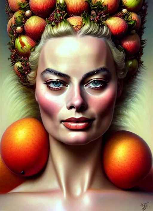 Prompt: margot robbie as an goddess of fruits, aesthetic, fine art, intricate, elegant, highly detailed, realistic hair, centered, digital painting, art station, conceptual art, soft, sharp focus, illustration, artwork, artgerm, tomasz alen kopera, peter mohrbacher, donato giancola, wlop, boris vallejo