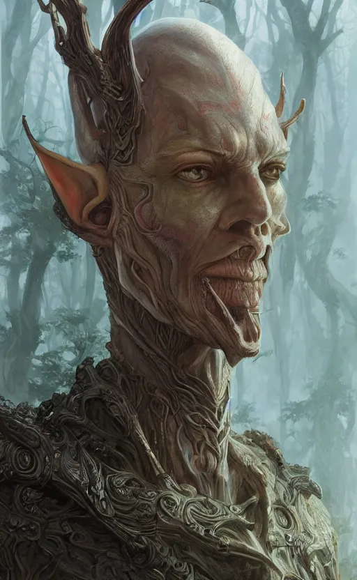 Image similar to portait of elven hunter hunting forest monster, symmetrical face features, front game card, drark, marvel comics, dark, intricate, highly detailed, smooth, artstation, digital illustration by ruan jia and mandy jurgens and artgerm and wayne barlowe and greg rutkowski and zdislav beksinski