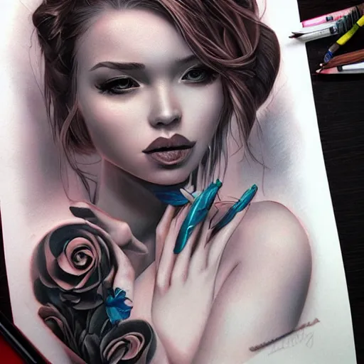 Image similar to tattoo design, beautiful portrait of a girl by artgerm, artgerm